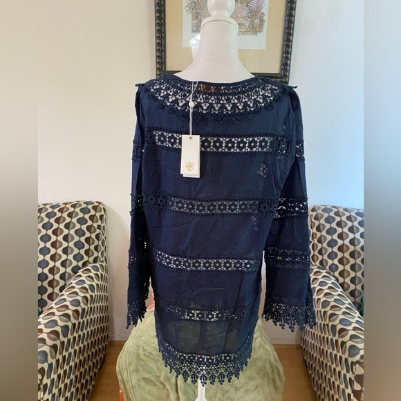 Tory Burch Navy Blue Crochet Lace Mini Dress, Cover Up, Long Sleeve, V-neck, Med - Picture 5 of 7